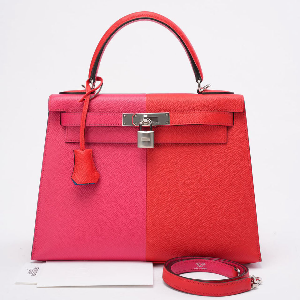 Hermes Kelly 28 Epsom Rose Extreme/ Rouge de Coeur with Blue Zanzibar