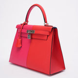 Hermes Kelly 28 Epsom Rose Extreme/ Rouge de Coeur with Blue Zanzibar