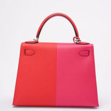 Hermes Kelly 28 Epsom Rose Extreme/ Rouge de Coeur with Blue Zanzibar