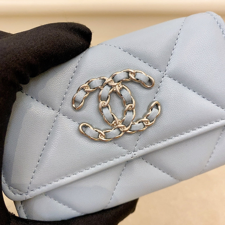 Chanel 19 Quilted Flap  Holder Blue Lambskin