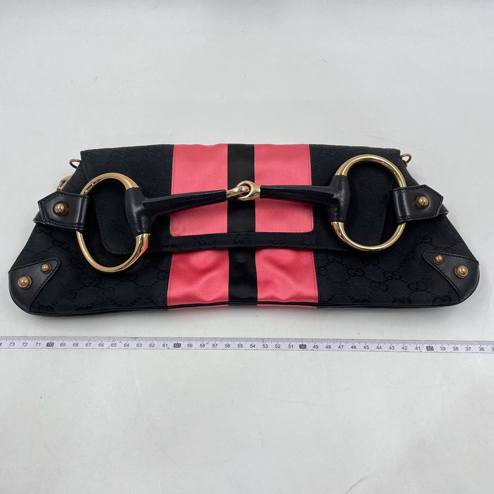 Gucci Horsebit 1955 Chain Large Shoulder Bag Black Monogram with Pink Silk