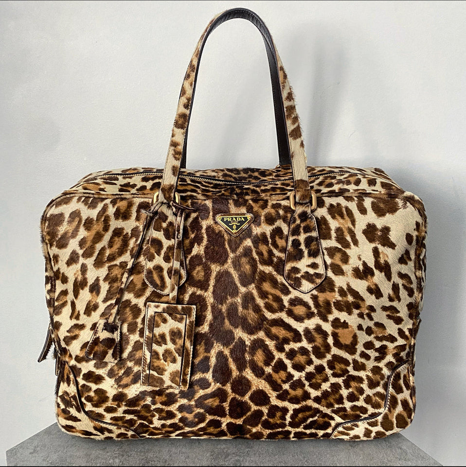 Prada Leopard Pattern Calf Hair Large Weekender Bag