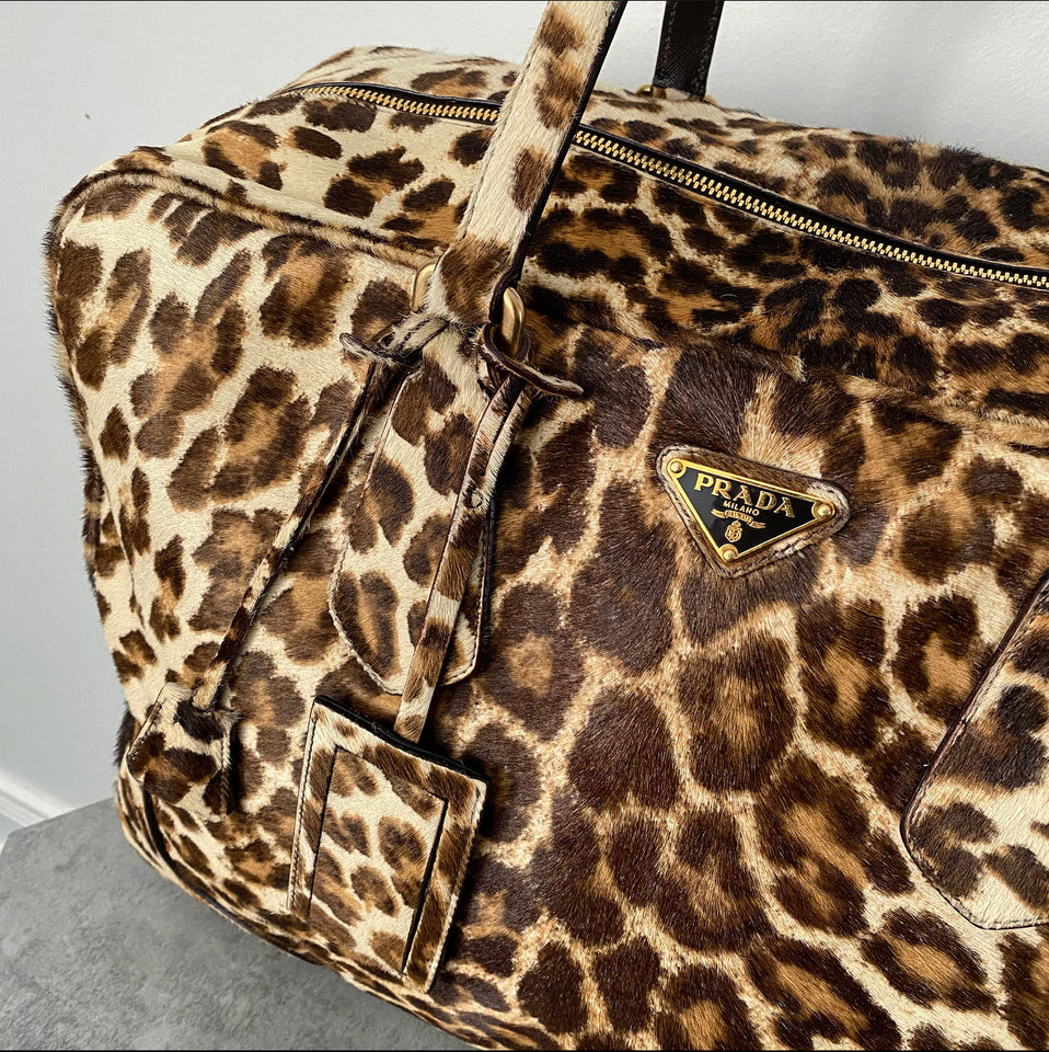 Prada Leopard Pattern Calf Hair Large Weekender Bag
