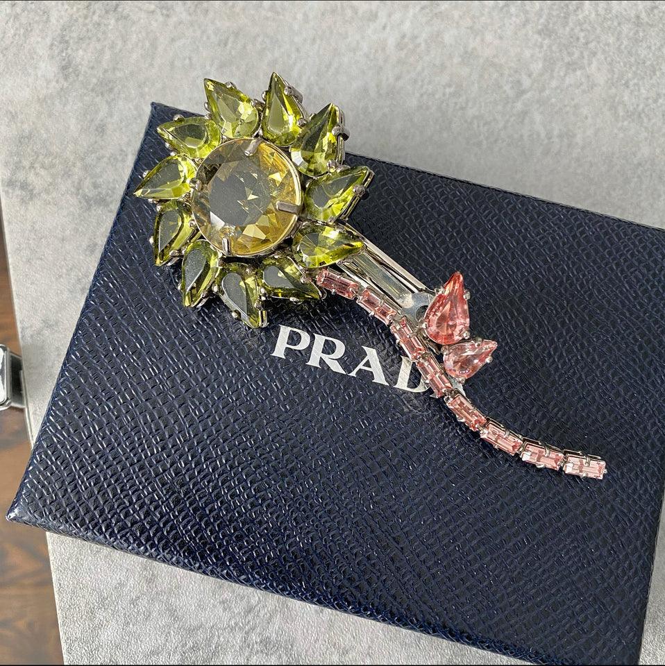 Prada Green and Pink Crystal Flower Hair Clip Pin