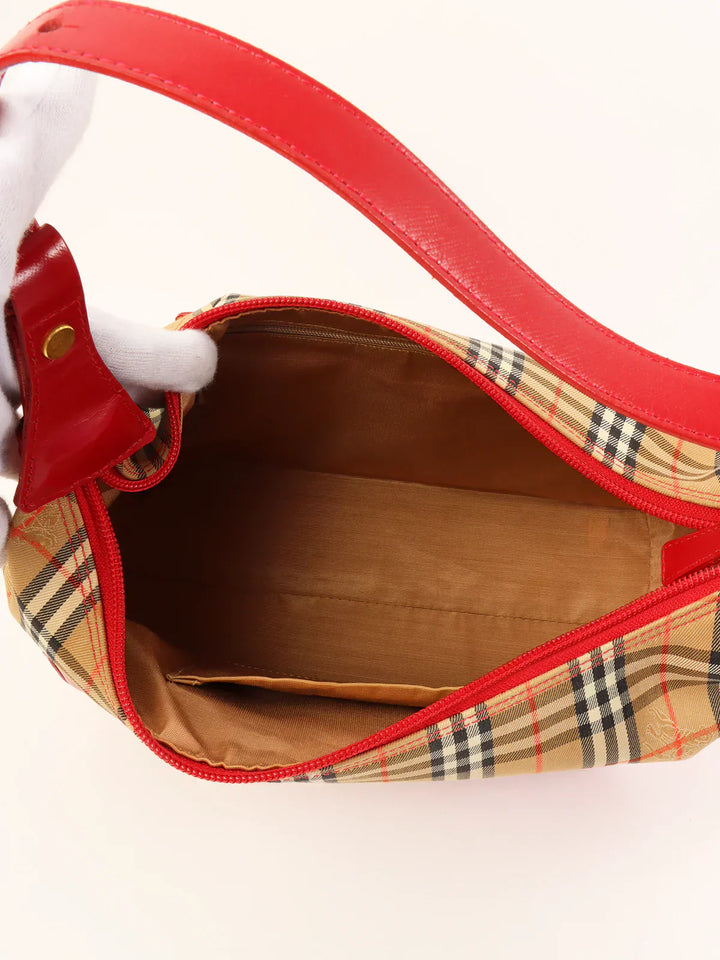 Luxury Burberry Nova Check Pattern Logo Charm Handle Bag Red/Beige