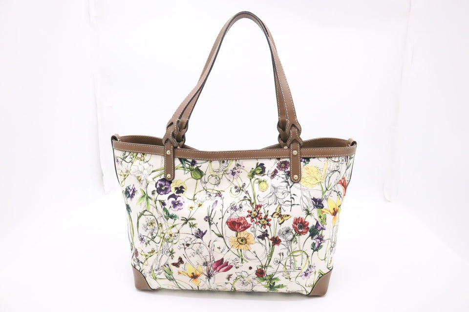 Gucci Tote in White Floral Canvas and Brown Leather