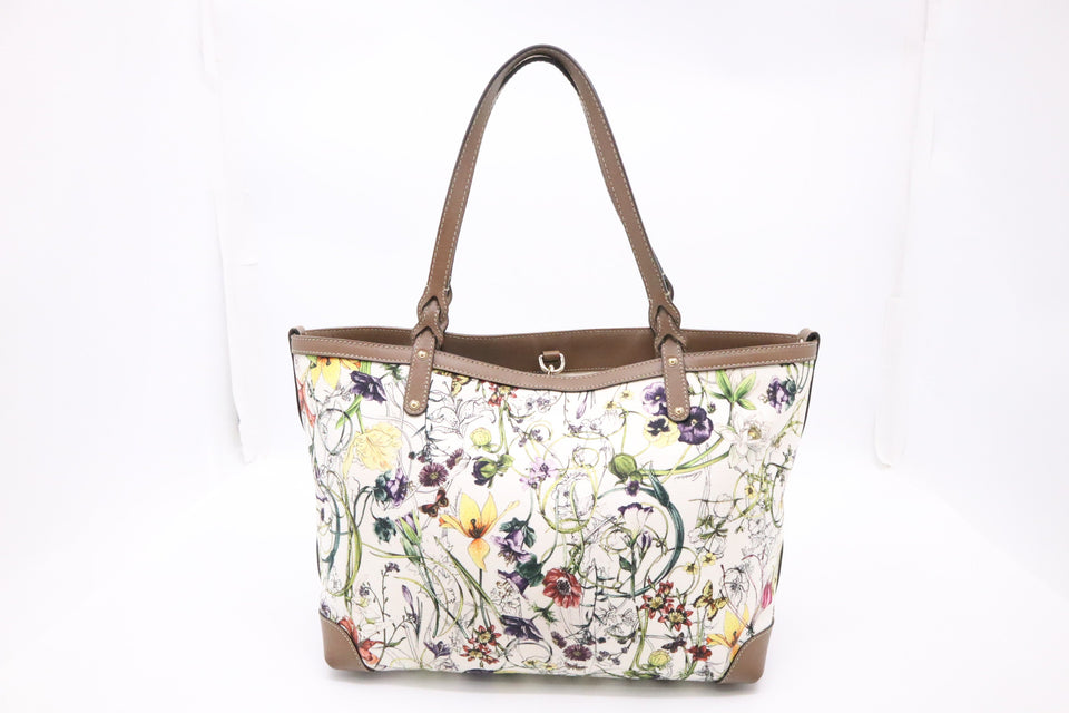 Gucci Tote in White Floral Canvas and Brown Leather