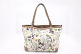 Gucci Tote in White Floral Canvas and Brown Leather