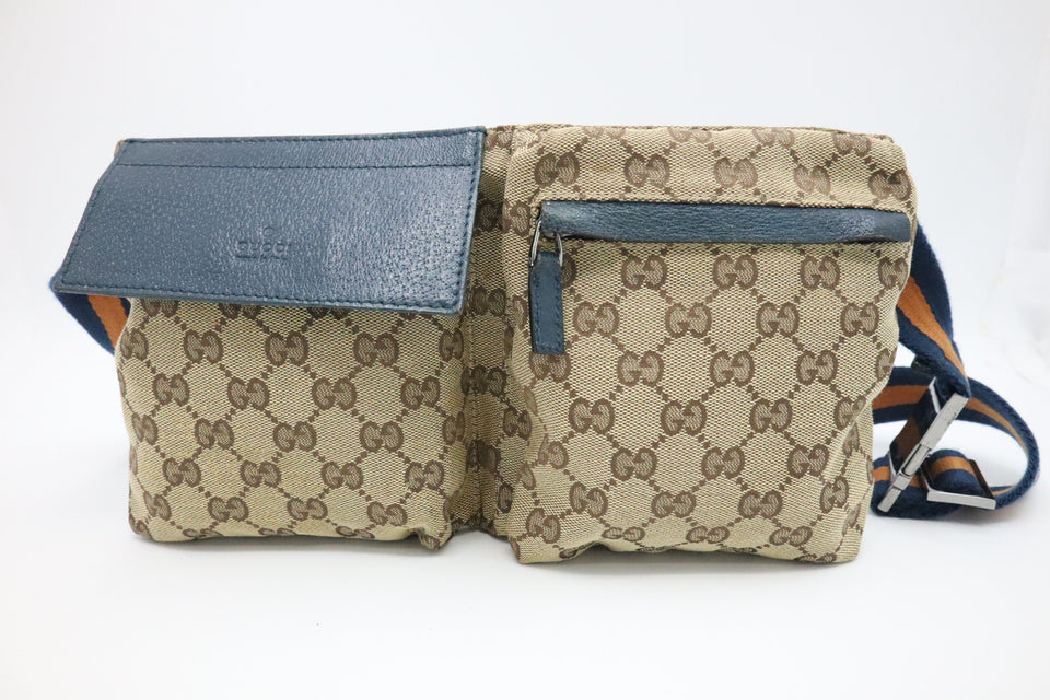 Gucci Waist Bag in Brown GG Canvas & Blue Leather