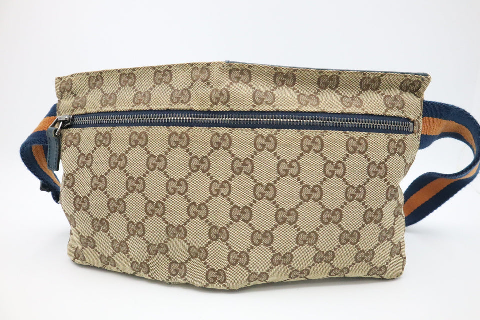 Gucci Waist Bag in Brown GG Canvas & Blue Leather