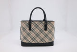 Burberry Handbag in Black Leather & Cream Checked Canvas