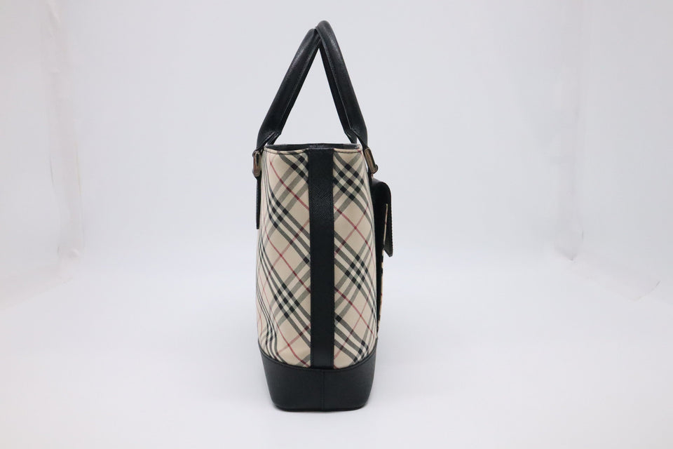 Burberry Handbag in Black Leather & Cream Checked Canvas