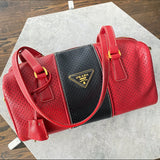 Prada Red and Black Saffiano Fori Small Barrel Bag