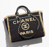 Chanel Black, Beige, Light Green Cotton Crochet Large Deauville Tote Gold Hardware
