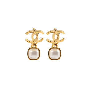 Chanel Gold CC Square Pearl Drop Earrings Costume Jewellery