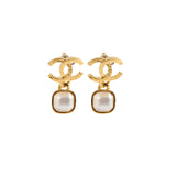 Chanel Gold CC Square Pearl Drop Earrings Costume Jewellery