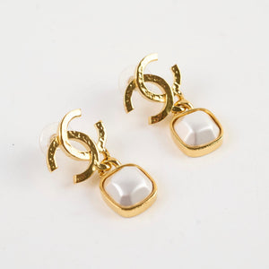 Chanel Gold CC Square Pearl Drop Earrings Costume Jewellery