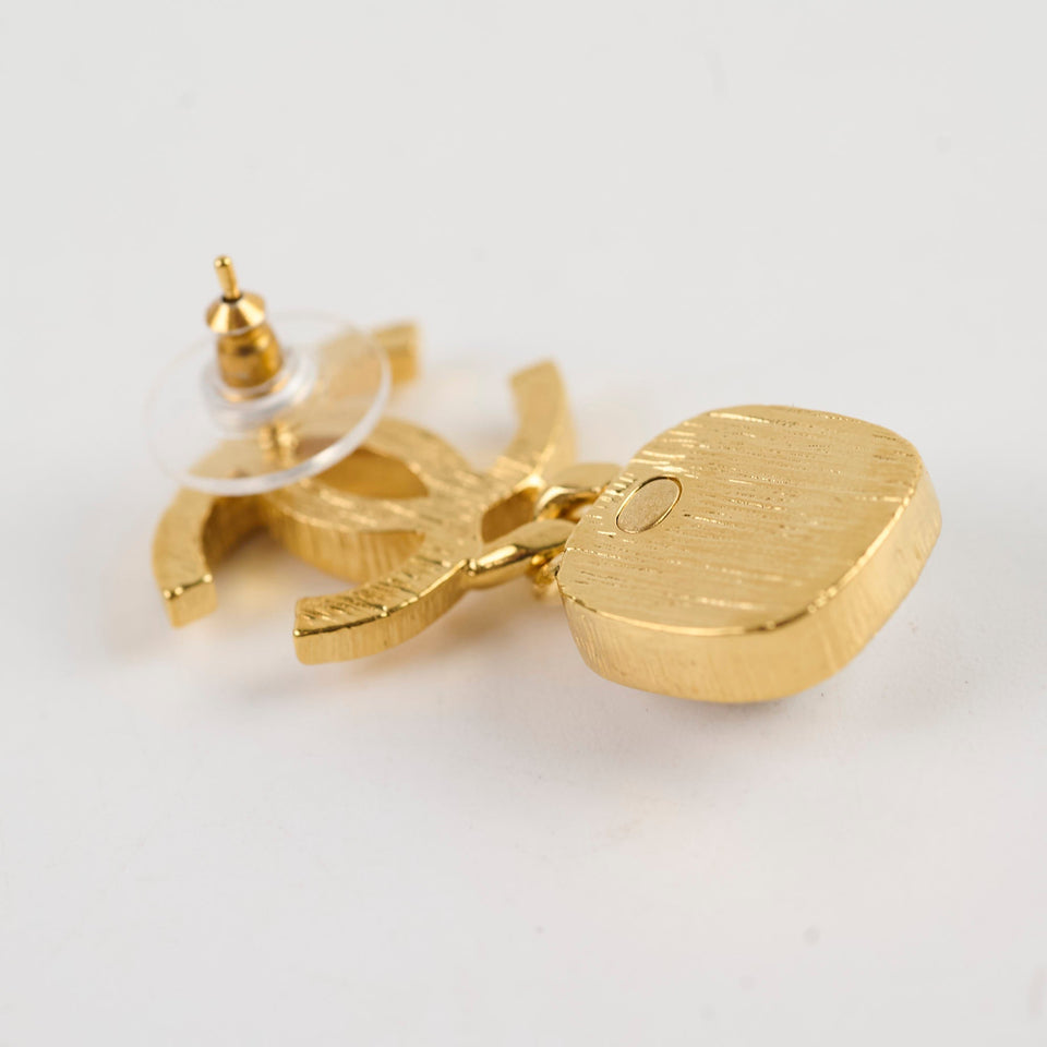 Chanel Gold CC Square Pearl Drop Earrings Costume Jewellery