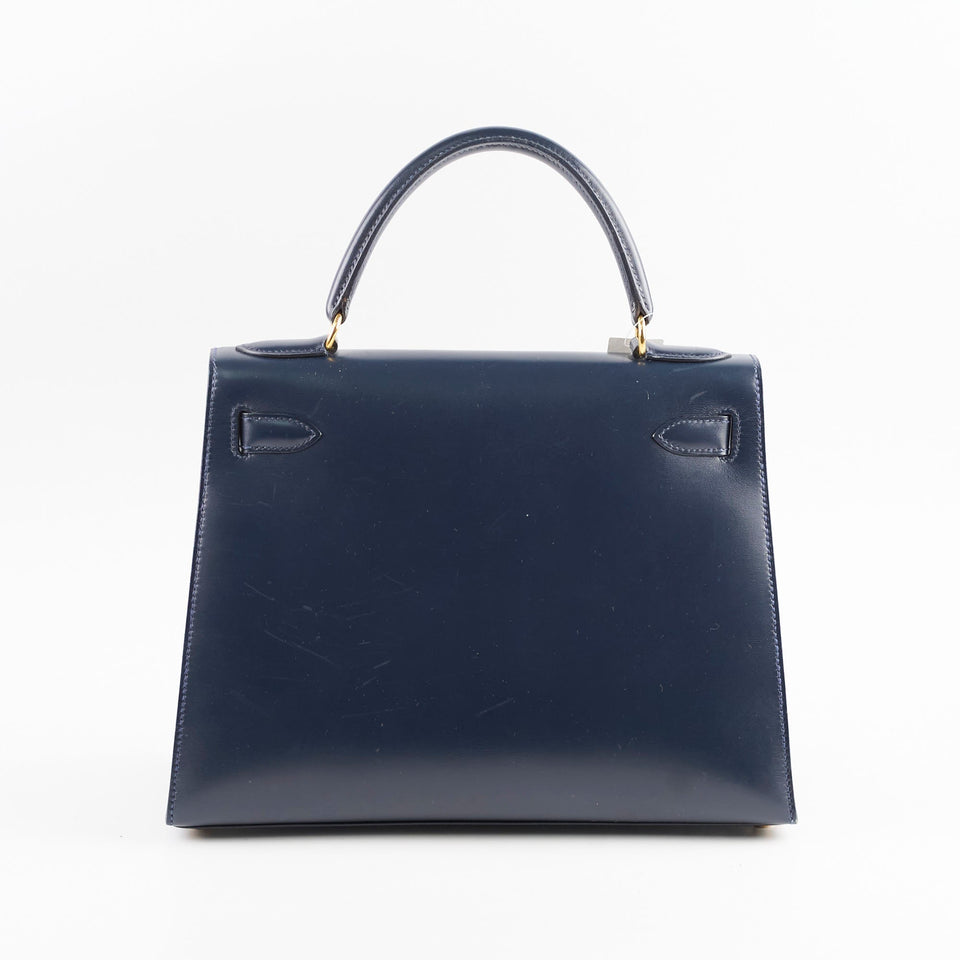 Hermes Kelly 28 Blue Indigo Box Circle X Stamp