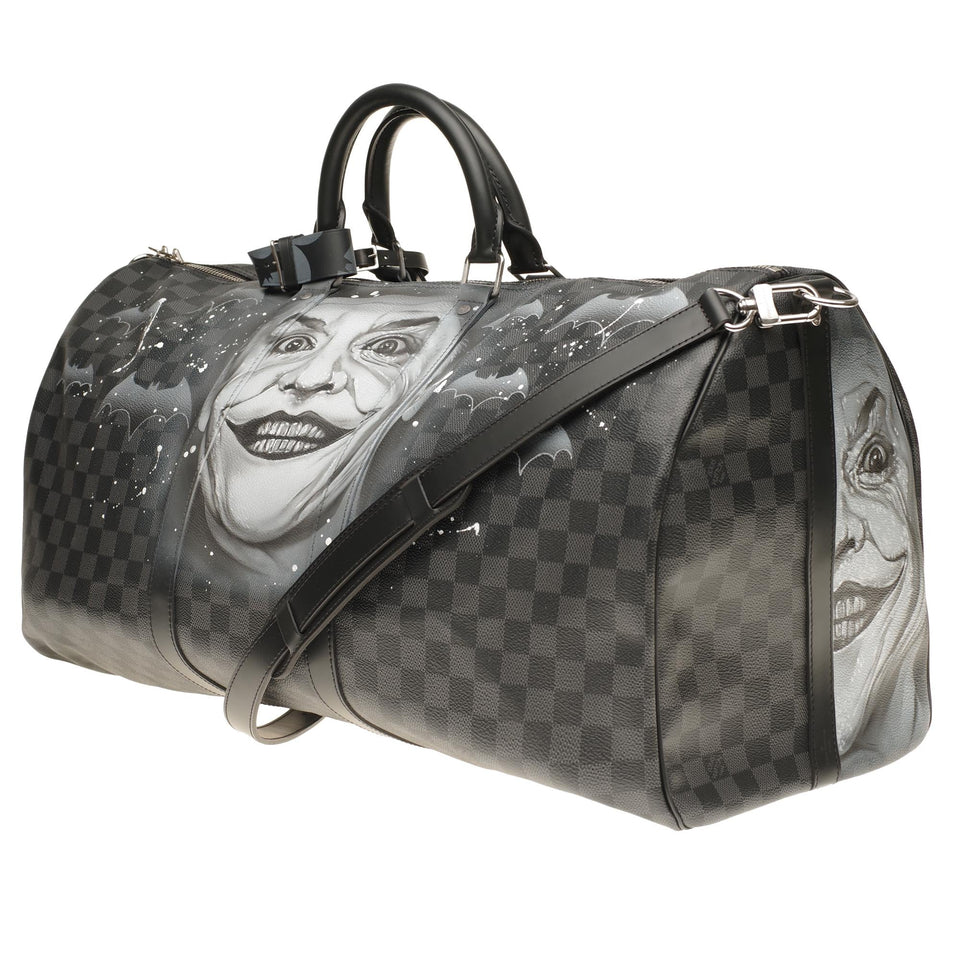 Louis Vuitton NEW Keepall 55 damier graphite strap customized "BATBAG II"!