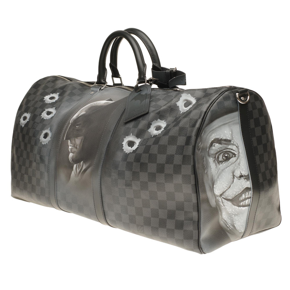 Louis Vuitton NEW Keepall 55 damier graphite strap customized "BATBAG II"!