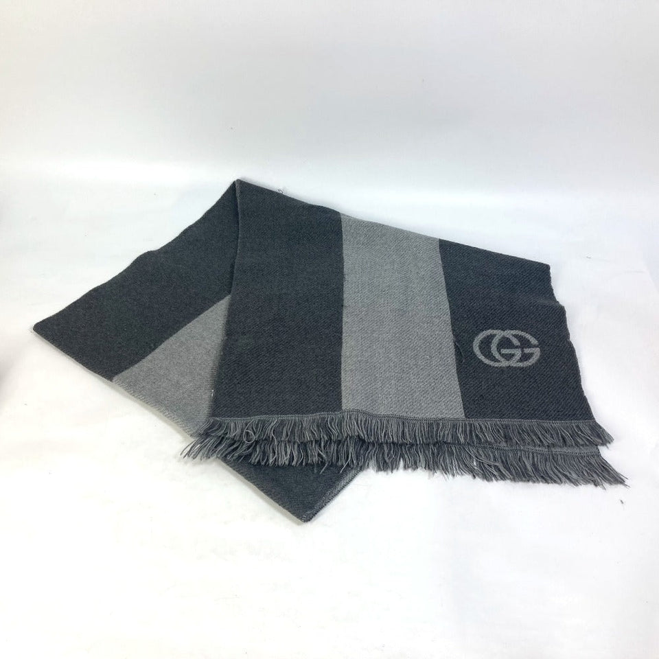 Gucci Scarf wool gray Fringe logo GG stripes Women