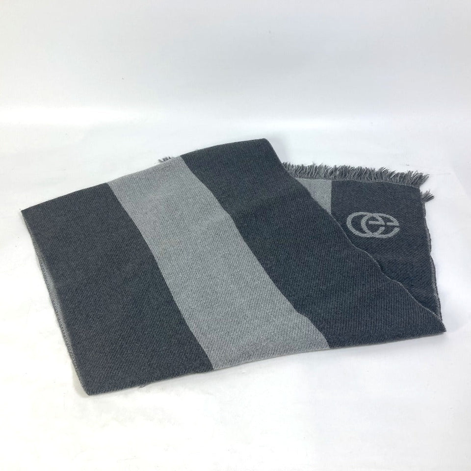 Gucci Scarf wool gray Fringe logo GG stripes Women