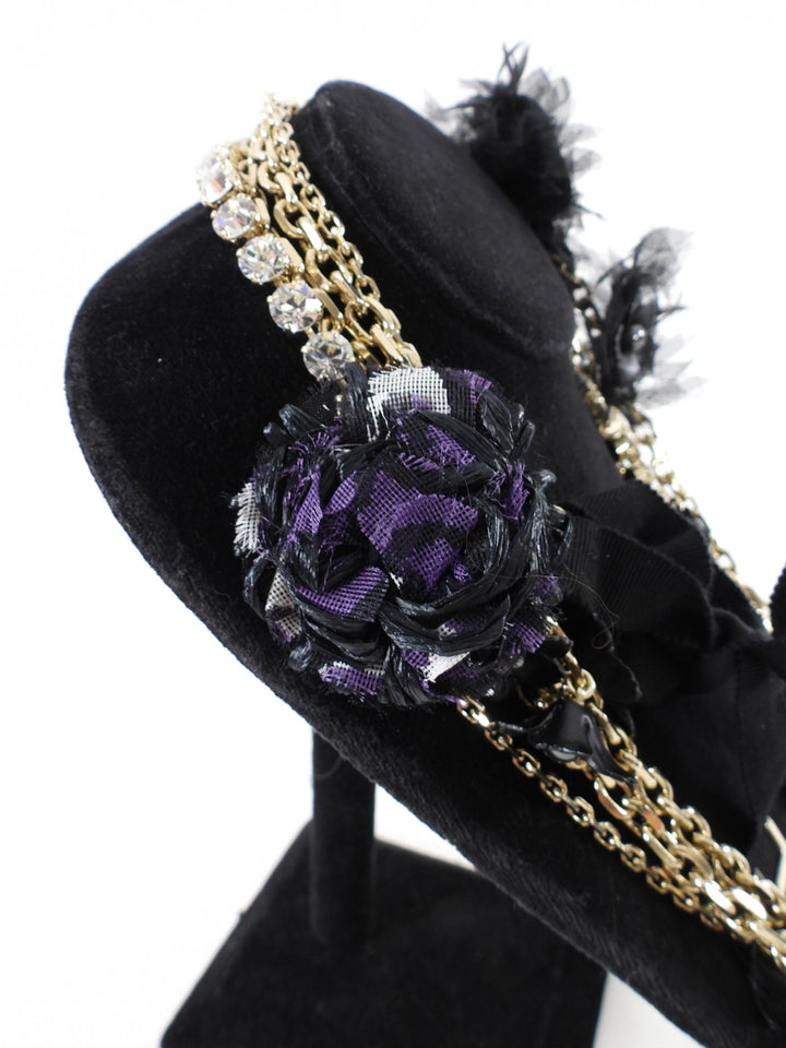 Louis Vuitton Vintage Fall 2005 Black and Purple Chain Crystal Flower Ribbon Necklace