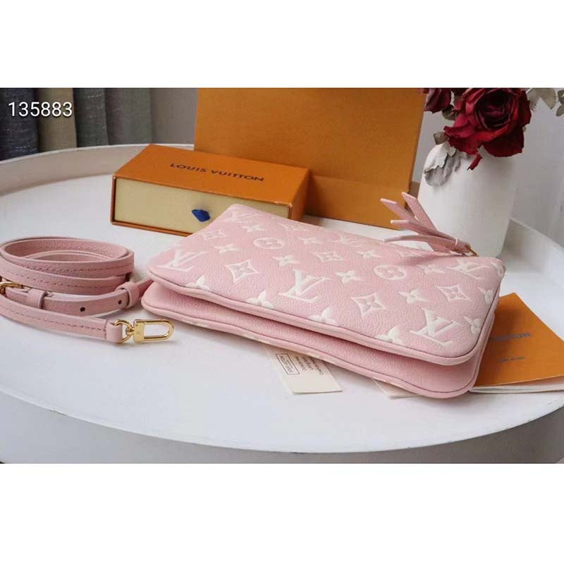Louis Vuitton Double Zip Pochette Pink Monogram Empreinte Embossed Supple Grained Cowhide Clutch