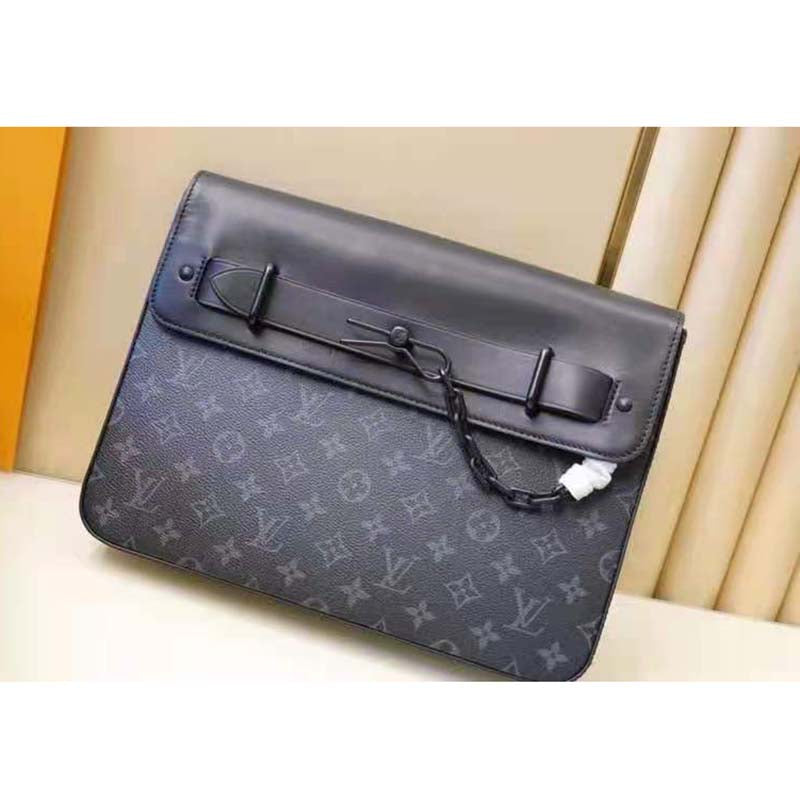 Louis Vuitton LV Men Pochette Steamer Monogram Eclipse Coated Canvas Clutch