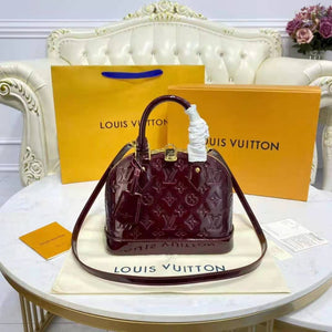 Louis Vuitton LV Unisex Alma BB Handbag Amarante Red Monogram Vernis Embossed Patent Calf Leather