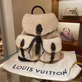 Louis Vuitton LV Unisex Backpack Cream Brown Shearling Monogram-Canvas Textile Lining