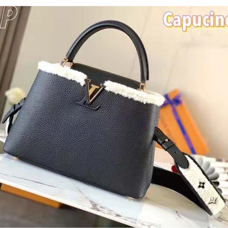 Louis Vuitton LV Women Capucines MM Bag Black Taurillon Leather Shearling Cowhide