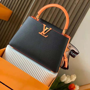 Louis Vuitton LV Women Capucines MM Handbag Black Gold Arizona Taurillon Cowhide