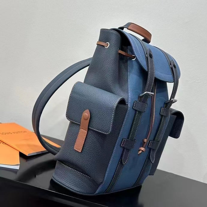 Louis Vuitton LV Unisex Christopher MM Backpack Blue Navy Taurillon Leather