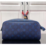 Louis Vuitton LV Unisex Dopp Kit Toilet Pouch Blue Taiga Cowhide Leather Monogram Coated Canvas Clutch