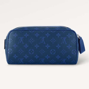 Louis Vuitton LV Unisex Dopp Kit Toilet Pouch Blue Taiga Cowhide Leather Monogram Coated Canvas Clutch