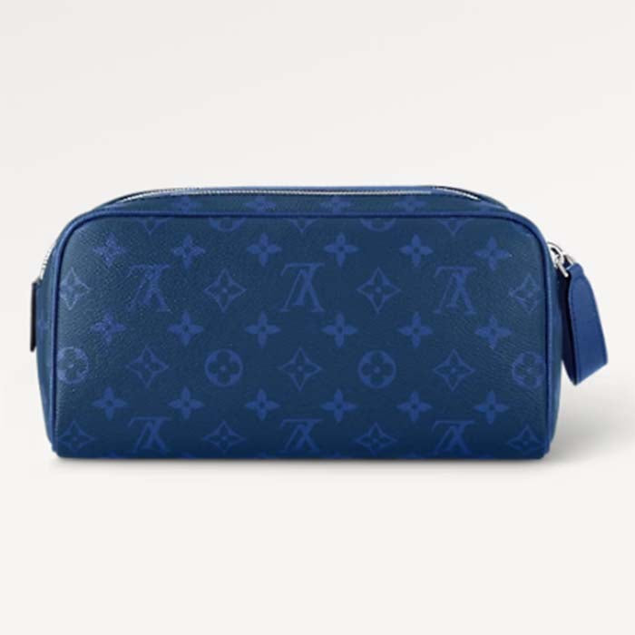 Louis Vuitton LV Unisex Dopp Kit Toilet Pouch Blue Taiga Cowhide Leather Monogram Coated Canvas Clutch