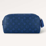 Louis Vuitton LV Unisex Dopp Kit Toilet Pouch Blue Taiga Cowhide Leather Monogram Coated Canvas Clutch