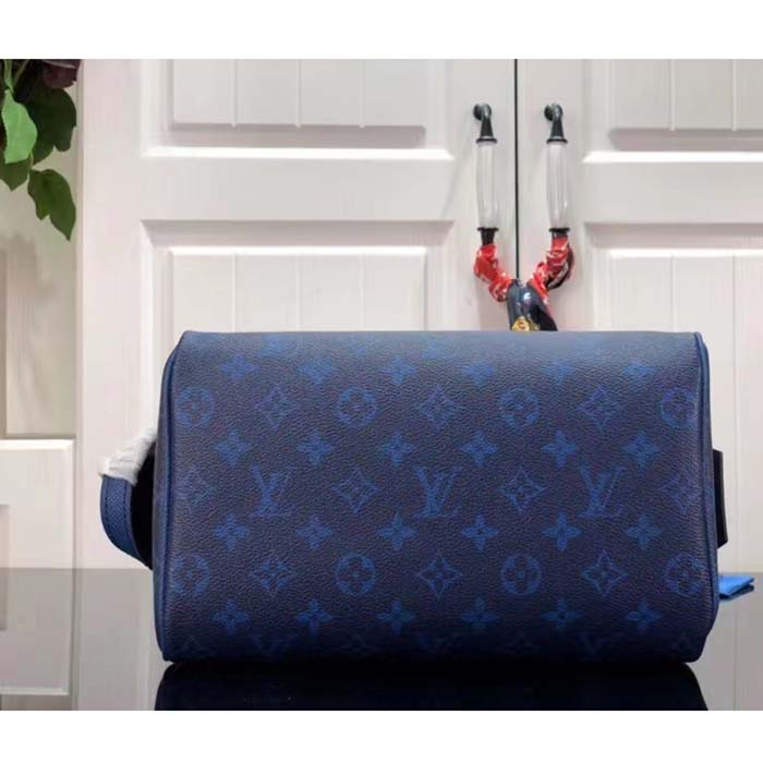 Louis Vuitton LV Unisex Dopp Kit Toilet Pouch Blue Taiga Cowhide Leather Monogram Coated Canvas Clutch