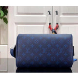 Louis Vuitton LV Unisex Dopp Kit Toilet Pouch Blue Taiga Cowhide Leather Monogram Coated Canvas Clutch