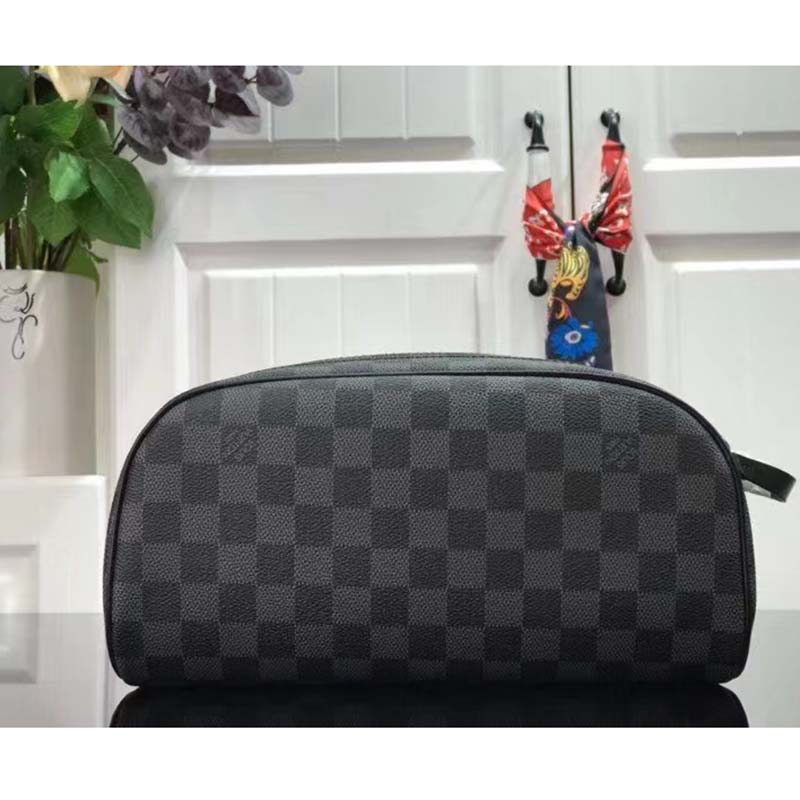 Louis Vuitton LV Unisex Dopp Kit Toilet Pouch Grey Damier Graphite Canvas Clutch