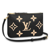 Louis Vuitton LV Unisex Double Zip Pochette Black Beige Embossed Supple Grained Cowhide Leather Clutch