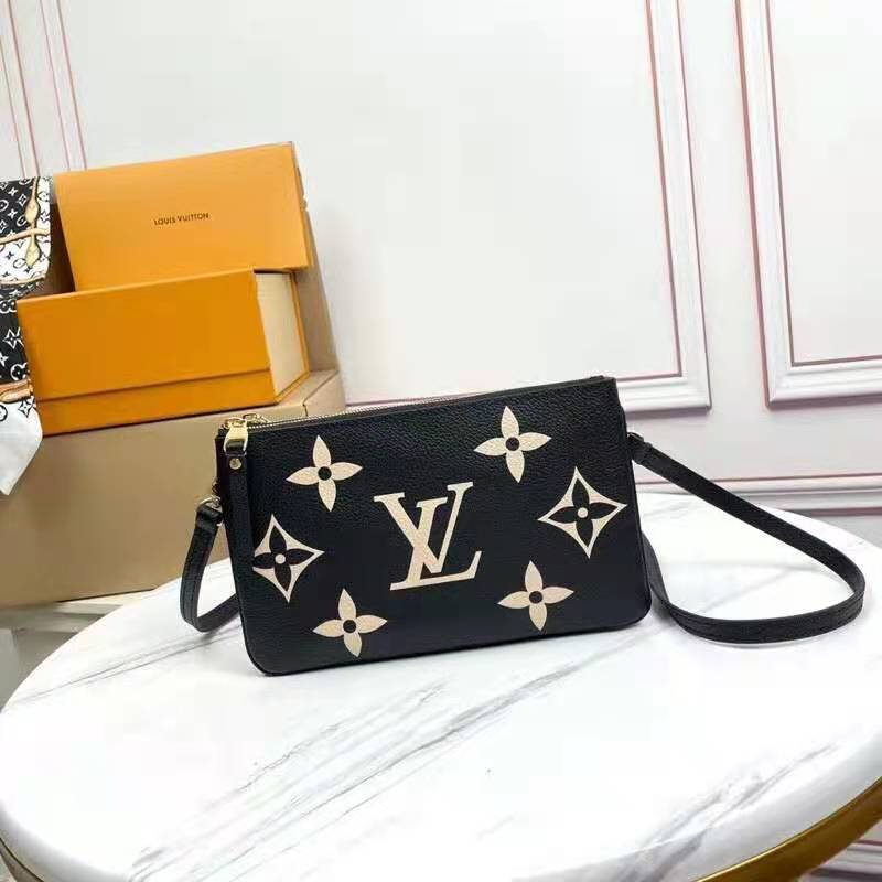 Louis Vuitton LV Unisex Double Zip Pochette Black Beige Embossed Supple Grained Cowhide Leather Clutch