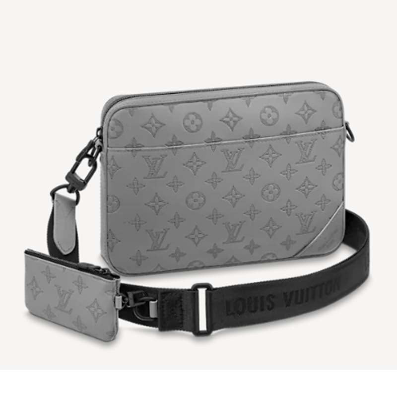 Louis Vuitton LV Unisex Duo Messenger Anthracite Gray Monogram Shadow Calf Leather Handbag