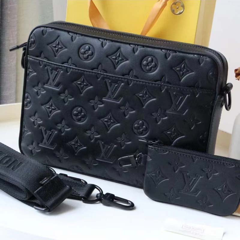 Louis Vuitton LV Unisex Duo Messenger Black Monogram Shadow Calf Leather Handbag