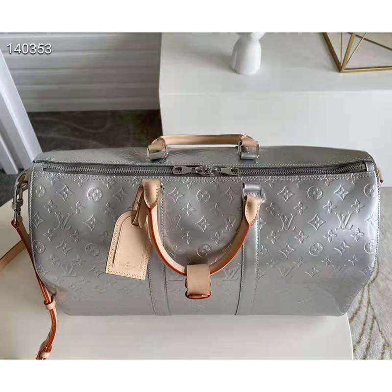 Louis Vuitton LV Unisex Keepall Bandoulière 50 Bag Monogram Mirror Coated Canvas Natural Cowhide