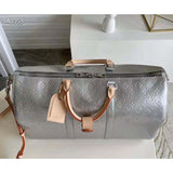 Louis Vuitton LV Unisex Keepall Bandoulière 50 Bag Monogram Mirror Coated Canvas Natural Cowhide
