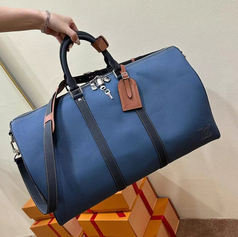 Louis Vuitton LV Unisex Keepall Bandoulière 50 Travel Bag Blue Cowhide Leather