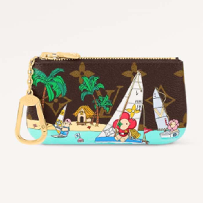 Louis Vuitton LV Unisex Key Pouch Dragon Fruit Pink Monogram Coated Canvas Grained Cowhide Leather Clutch